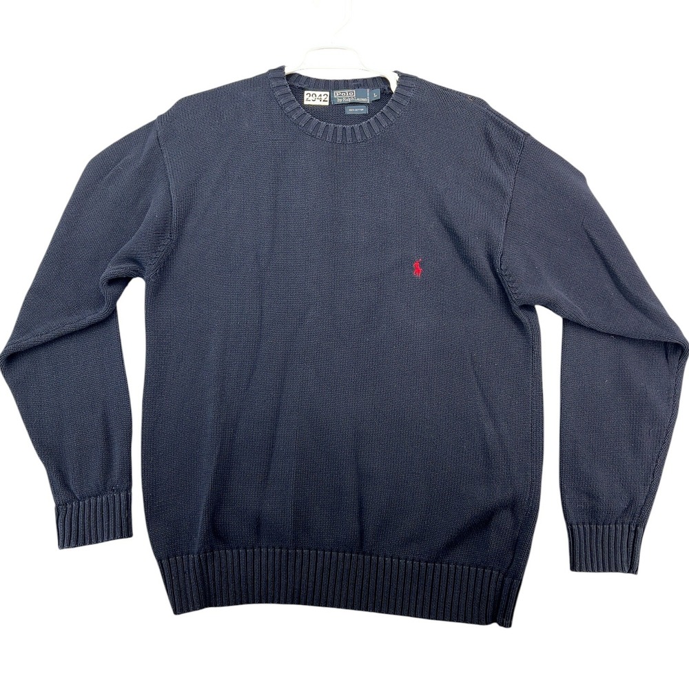 Polo Ralph Lauren Mens Navy Blue 100% Cotton Crew Neck Sweater Size L Red Pony